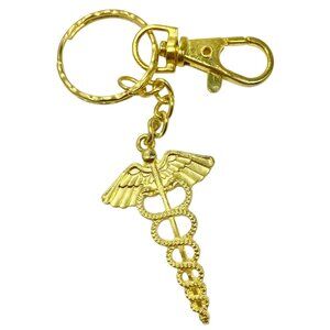 Gold Medical Caduceus Keychain Keyring Bag Charm Clip Plated MD RN DO ARNP Gift